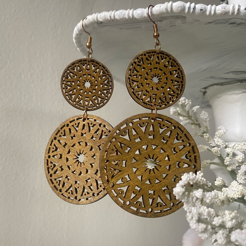 Large Wooden Boho Medallion Lightweight Earrings